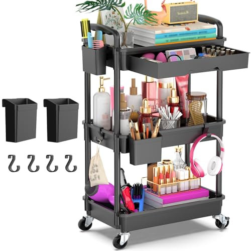 Yeabett 3-stöckiger Aufbewahrungswagen mit Schublade, Allzweckwagen mit Kunststoffablage & feststellbaren Rädern, multifunktionaler Aufbewahrungswagen für Küche, Bad, Büro, Wohnzimmer, Schwarz