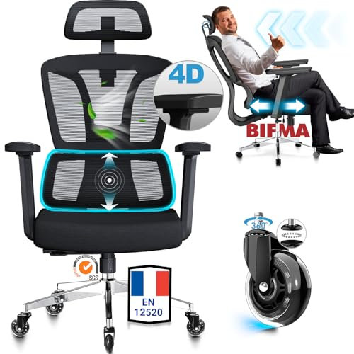 MELOKEA Bürostuhl 200 KG, Bürostuhl Ergonomisch, 4D-Armlehnen, Sitzverstellung in Tiefe, Gummirollen, 4-fach Verstellbare Neigung, Hoher Rücken, EN 12520 Zertifizierter Ergonomischer Schreibtischstuhl
