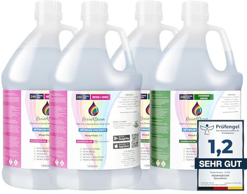 Epoxidharz Set RESIN4DECOR 1:1 Gusskristallklarer Gießharz Klebstoff für Kunsthandwerk Schmuck Formenbau Vergilbungsfrei Ungiftig 24 St Aushärtungszeit Geruchlos Resin Laminierharz - 7560ml