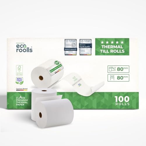 ECO ROOLLS® Thermorollen 80mm x 80mm x 12mm [Für alle üblichen Kassensysteme] - Kassenrollen 80x80x12 Thermo - Bonrollen Thermopapier - Geeignet für Drucksysteme mit Papierbedarf bis 80m (100 Stk)