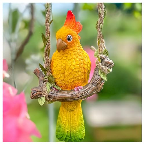 taobosec Statue, Perroquet Figurine Jardin Décoration Suspendu Résine Ornement de Jardin Animaux Figurines Arbre Art Oiseaux Decoratifs Décoration Cadeau pour Extérieure Balcon