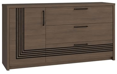 Forte EUFEMIUS Kommode 160, Moderne Kommode mit Fräsung, 1-türig, 3 Schubladen, Dunkelbraun|Schwarz Eiche Holzdekor, 161,5 cm breit x 86,3 cm hoch x 41,6 cm tief