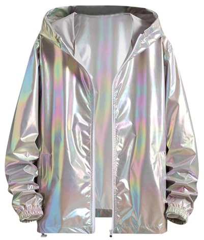 Party Jacke Karneval Kostüm Glitter Disco Outfit 80er 90er Jahre Herren-Jacken Glänzende Sportjacke mit Kapuze Vintage Kapuzenjacke Bunte Softshelljacke Coole Windjacke Y2k Winterjacke Streetwear