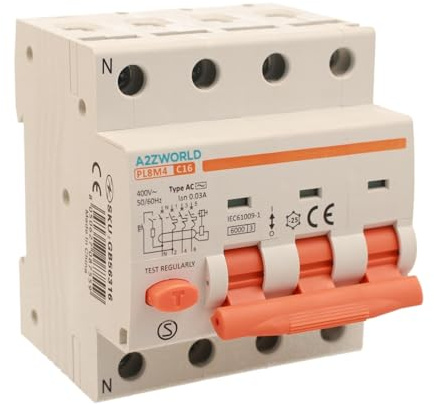 Interruttore Differenziale Magnetotermico Trifase 380V 16A C16, RCBO Tipo AC Curva C, 3P+N 6kA 30mA, 4 Moduli DIN, Serie PL8M4 Professionale Elettromagnetica