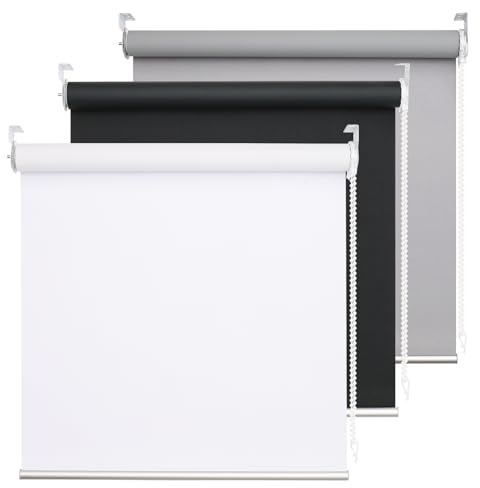 DHSVFCR 100% Blackout Roller Blind, UV Blocking Thermal Insulated Fabric, Child Safe, Easy to Install and Use, Fit Bathroom Kitchen Bedroom Home Office Window, Cord Control, White 20W x 185H cm