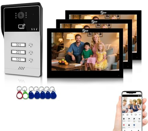 4-adriges Video-Gegensprechsystem für 3 Wohneinheiten,7-Zoll-Touchscreen-Türsprechanlage mit 3-in-1-Entriegelung, Zwei-Wege-Audio,Innen-/Außenüberwachung für Apartment-Villa (Schwarz)