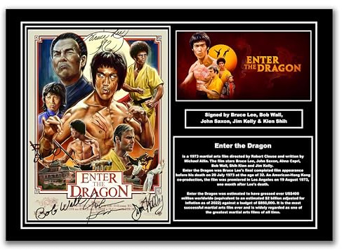 Signiertes Filmposter Enter the Dragon, signiert, Wandkunst, Kampfsport-Film-Erinnerungsstücke mit Bob Wall, John Saxon, Jim Kelly, Kien Shih Signaturen (A4, ungerahmt)