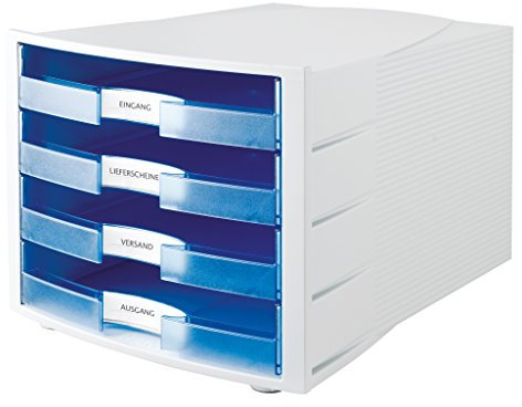 HAN Schubladenbox IMPULS in Lichtgrau/Transluzent-Blau/Stapelbare Sortierablage mit 4 großen, offenen Schubladen für DIN A4/C4 / inkl. Beschriftungsschilder