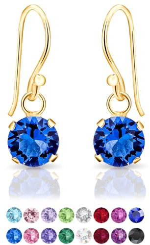 DTPsilver® Pendientes Colgantes Pequeños Plata de Ley 925 Chapados en Oro Amarillo con Cristal Swarovski® 6 mm - Pendientes Dorados Mujer - Pendientes Zafiro Azul