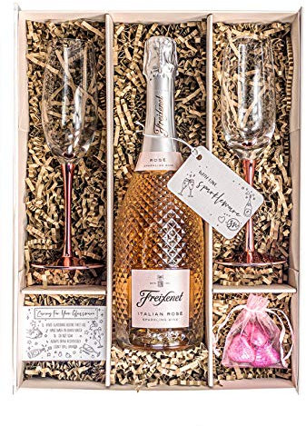 Sparkling Italian Rosé 75cl Gift Set With Pair of Metallic Pink Champagne Flutes, Chocolates And Gift Box - Pink Fizz Gifts for Women and Rosé Wine Lovers (Metallic Pink Stems)