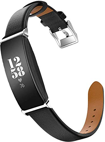 Miimall Kompatibel mit Fitbit Inspire/Inspire 2/Inspire hr Armband, Dünn Premium Leder Ersatzarmband mit Edelstahl-Verschluss Uhrenarmband für Fitbit Inspire/Inspire 2/Inspire hr - Schwarz
