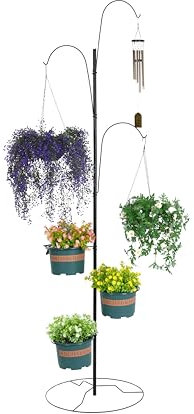 Crescent Abbey - Hanging Plant Stand Garden System - 6.5 FT Freestanding Plant Stand Rack with 3 Hooks and 3 Rings - Perfect for Flowers, Birdhouses, Wind Chimes and More