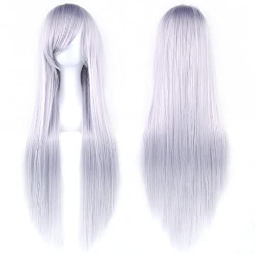 IMISSU 80 cm langes glattes Naturhaar Cosplay Perücken mit Pony Bunt Halloween Kostüm Party Perücke Haarverlängerungen (Silber Grau)