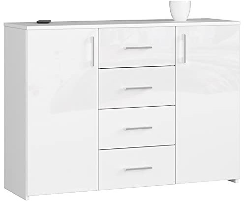 AKORD Kommode K45 mit 4 Schubladen und 2 Ablagefächern mit Türen | für das Wohnzimmer Schlafzimmer Schrank Büro Arbeitszimmer | B110 x H80 x T35 cm, Gewicht 43kg | Weiß/Weiß Glänzend