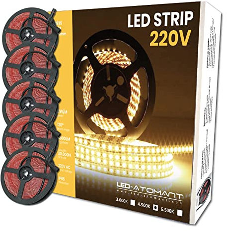 LED ATOMANT Pack 5x Rollo de 5 metros de Tira de Luz LED Directa a 220v, 12W/m, Color Blanco Neutro (4500K), Impermeable (IP65), Corte cada 10cm