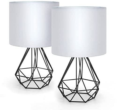 LED Universum 2er Set Tischleuchten Tischlampen Nachttischlampen Leseleuchten mit Stoffschirm weiß E14 Sockel Drahtgestell-Fuß schwarz - 7367