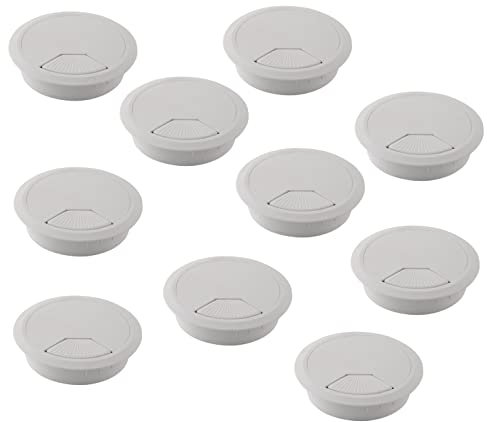 10er Set - Kabeldurchführung Schreibtisch - 10 Stück Kabeldurchlass mit Staubdichtung für diverse Büro Schreibtische & Arbeitsplatten | runde Kabeldose aus ABS Kunststoff | Kabelauslass 80mm in Weiß