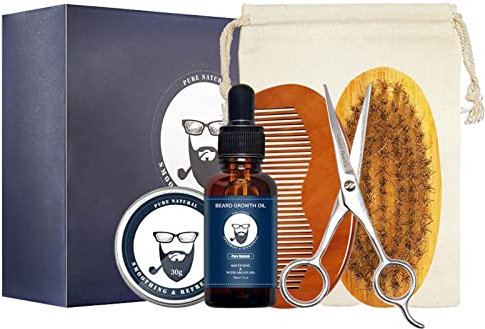 6 Beard Growth Kit, Beard Grooming Kit, Beard Kit with Beard Roller,Beard Care Set with Storage Bag | Portable Beard Oil Cream Comb Scissors Gifts for Men, Farther, Boyfriend