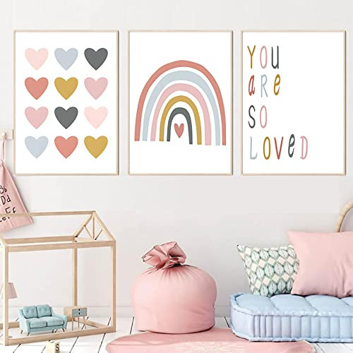 You Are So Loved Leinwand-Wandkunst, Kinderzimmer, Kunstdrucke, rosa Herz, Regenbogen, Wandkunst, Boho, Wandkunstdrucke, So geliebt, Dekoration, 40.6x61 cmx3 Stück , 40.6 *61 cmx3 ungerahmt)