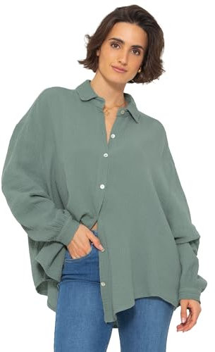 SASSYCLASSY Oversize Musselin Bluse Damen Langarm - Oversized Freizeit Look - Hemdbluse lang aus Baumwolle mit V Ausschnitt - Long-Bluse One Size (Gr. 36-48) Grün