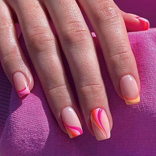 French False Nails Short, 24Pcs Square Fake Nails Pink Orange Swirl Press on Nails with Rainbow Designs, Full Cover Artificial Nail Tips Stick on Nails for Women and Girls