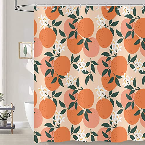 Hnmdmyi Duschvorhang Pfirsich 180x200, Niedlich Orange Rosa Früchte Grün Blätter Blumen Badewanne Vorhang Aquarell Kunst Malerei Ästhetisch Wasserdicht Polyester Stoff Waschbar Badevorhang mit Haken