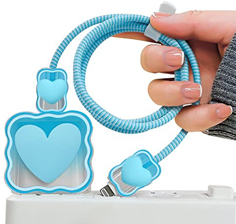 Hübsch Wellenförmiges der Kabelschutz Serie mit 3D-Herzmuster für iPhone Ladegerät, Datenleitung Draht Saver USB Ladekabelschutz Kabel Ladegerät Schutzkabel, Anti-Biss von Hunden und Katzen [Blau]