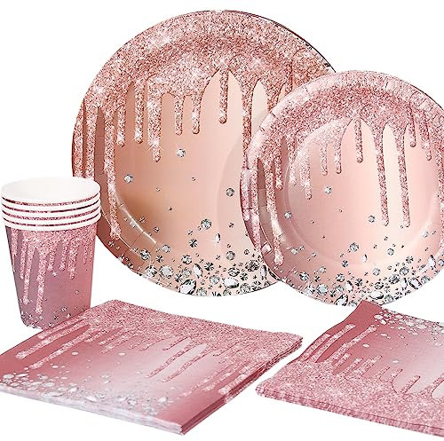 Rose Gold Plate Set of 16 Sweet Princess Party Theme Suitable for Children and Adults. The Birthday Party Decoration Accessories Set Includes Paper Plates, Napkins and Cups for 16 Guests.