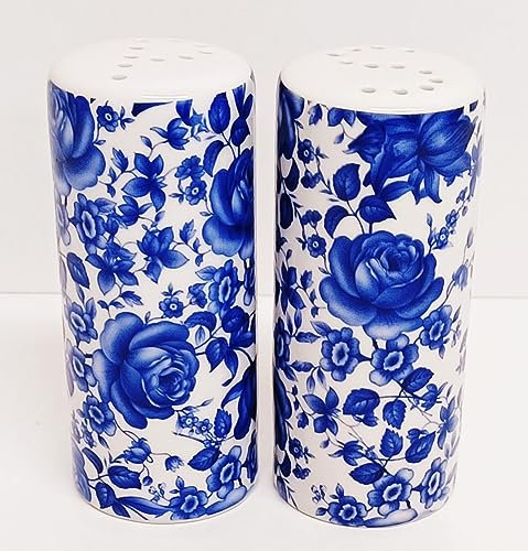 Delft Blue Salt & Pepper Set Round Porcelain Blue Flowers Floral Pots Hand Decorated UK