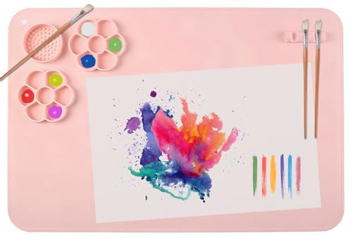 SOQKEEN Tappetino in Silicone per Pittura 40x60cm - Grande, Antiscivolo, Pieghevole con Vassoi Colore, Portapennelli e Bordo Antigoccia per Artigianato, Fai da Te, Rosa
