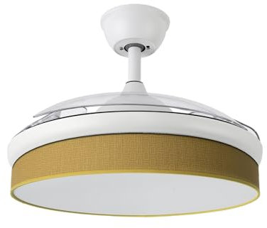 Abrila - Ventilador DC MODA | Color Blanco con tres Aspas Desplegables ABS y Difusor Amarillo | 6 Velocidades Ajustables | 3 Temperaturas de Luz | con Temporizador y Mando a Distancia Incluido