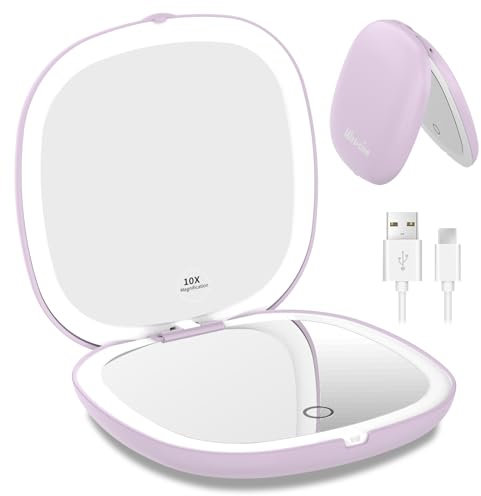 WOBSION LED Taschenspiegel mit 1X/10×Vergrößerung und Beleuchtung,USB Wiederaufladbarer Tragbarer Kleiner Reisespiegel mit Licht,750mAh Dimmbarer Doppelseitiger Handspiegel für Makeup,Lila