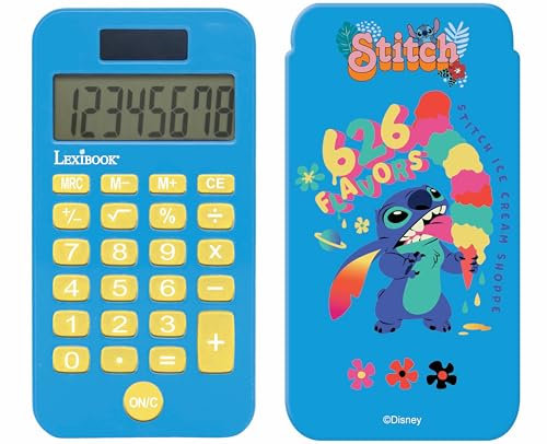 Lexibook, Disney Stitch, Taschenrechner mit Schutzhülle, konventionelle und erweiterte Taschenrechnerfunktionen, Batterie- und solarbetrieben, blau, C45D