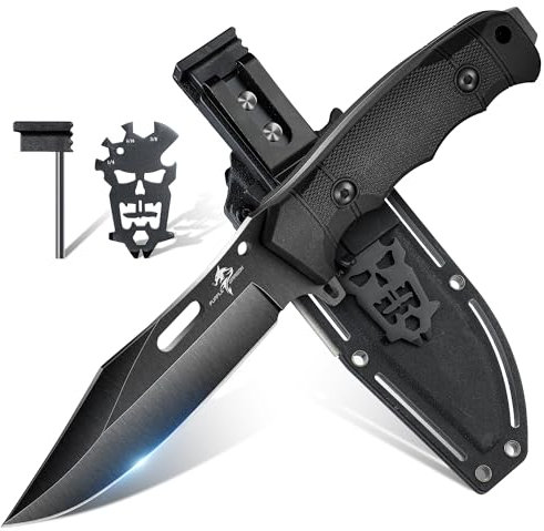 Purple Dragon Schwarzes Outdoor Messer mit Kydex Scheide, Full Tang Outdoor Messer Feststehend aus einem Stück D2 Stahl, Survival Messer für Bushcraft Camping, Geschenke für Männer
