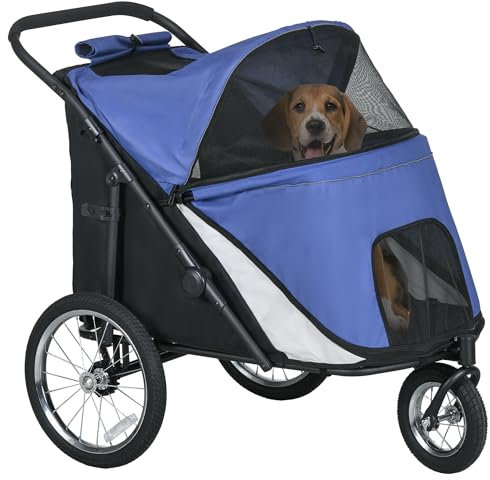 PawHut Hundewagen Hundebuggy mit Netzfenstern, Klappbarer Katzenwagen mit Sicherheitsleine, große Gummiräder für Mittelgroße, Große Hunde bis 30 kg, Oxford, Blau