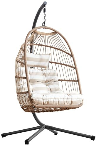 Blisswood Hanging Egg Chair with Cushion & Stand – Foldable Rattan Swing Chair for Indoor & Outdoor Use, Garden Patio Hammock Pod Seat, Adjustable Height, Supports Up to 160kg (Beige)