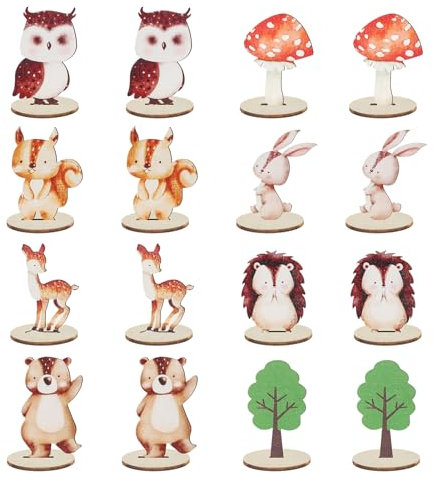 KAHOUI 16 Stück Karikatur Waldtiere Geburtstag Deko Set, Hölzern Dschungel Deko Geburtstag, Zweiseitiges Tiere Figuren Deko mit 16 Holzsockel, Tischdekoration mit Waldtieren, für Theke Dekorative