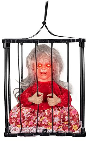 TRIXES Gruselige Käfig-Halloween-Puppe, Spukhaus-Requisite mit schreiender Stimme, Alptraumkreatur