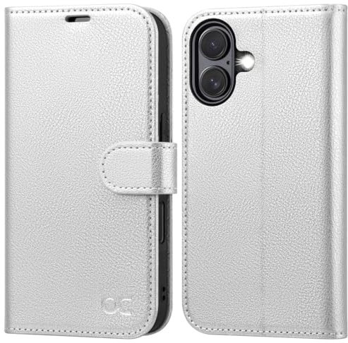 OCASE for iPhone 16 Case, PU Leather Wallet, Magnetic Flip Folio Cover with RFID Blocking, Card Holders, Shockproof TPU, and Kickstand for 6.1 Inch iPhone 16 (2024), Silver
