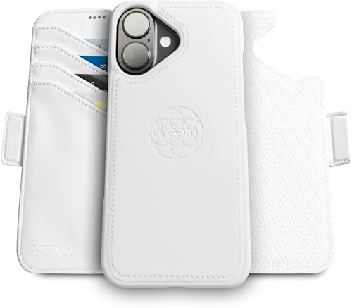 dreem Wallet Case for iPhone 16, Revolutionary Vert/Hor Phone Stand, Magnetic Detachable Vegan Leather Flip Cover RFID Blocking Card Holder, MagSafe-Fit, Gift Box [Fibonacci: White]