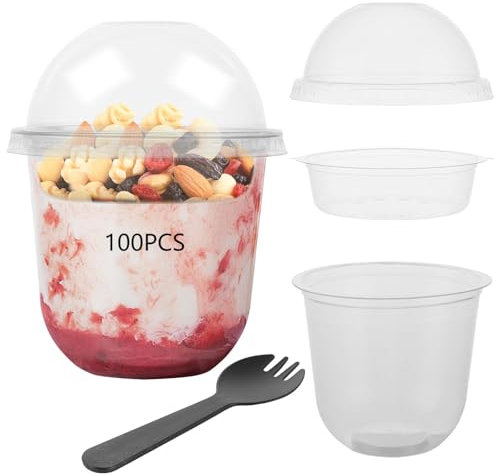 FWEEK 100 vasos de postre de plástico de 360 ml, vasos de postre redondos con tapa y cucharas, vasos de postre de plástico, reutilizables, para fiestas y bodas
