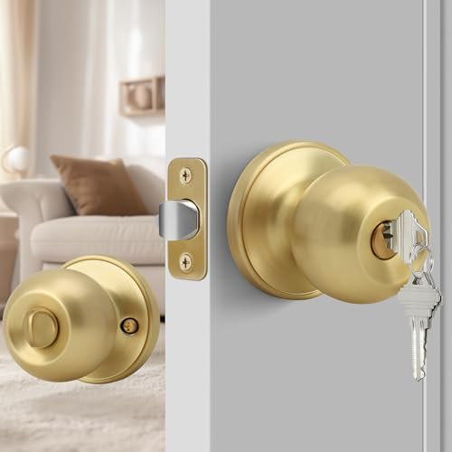 Gaurqiah Keyed Entry Door Knob, Ball Design Doorknob for Interior Exterior, Reversible Round Door Lock for Front Entrance Doors, Satin Brass