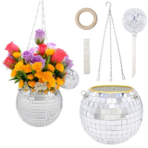 ADGYULB 6/8 Disco Ball Planter with Plant Watering Globe, Chain, Hook, Wooden Stand, Disco Ball Planter for Indoor Plants, Plant Pots for Garden Home Porch Decor Plant Hanger(Silver, 6)