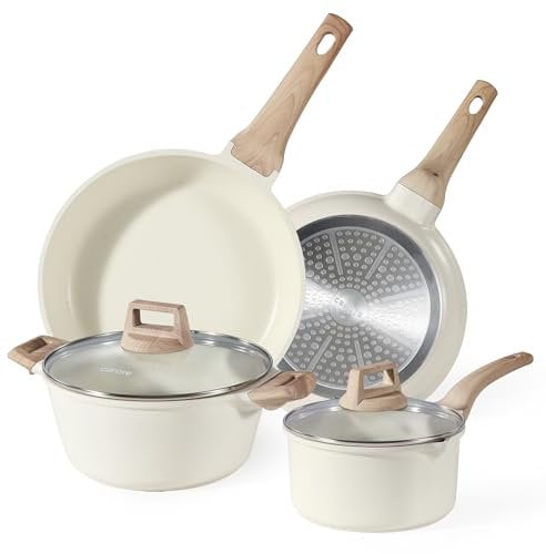 CAROTE Pots and Pans Sets Non Stick, 6 PCS White Granite Induction Hob Pan Set, Natural Non Toxic Cooking Cookware Set with Saucepan Set,Suitable for All Stoves