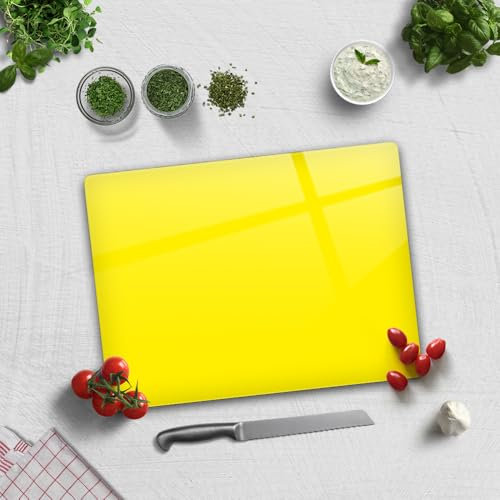 Tempered Glass Cutting Board for Kitchen, Rectangle with Rubber Feet, Heat Resistant, Non-Slip | 30cm x 40cm | (Plain Yellow)