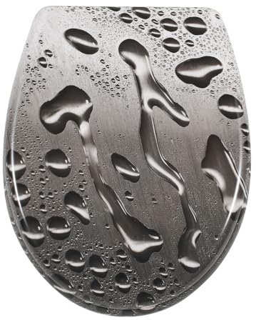 ISOISL Toilettendeckel, WC Sitz mit Absenkautomatik O Form Klodeckel Decorative Design Oval Toilet Seat Bis 150kg Verschiedene Designs verfügbar (Graue Wassertropfen)
