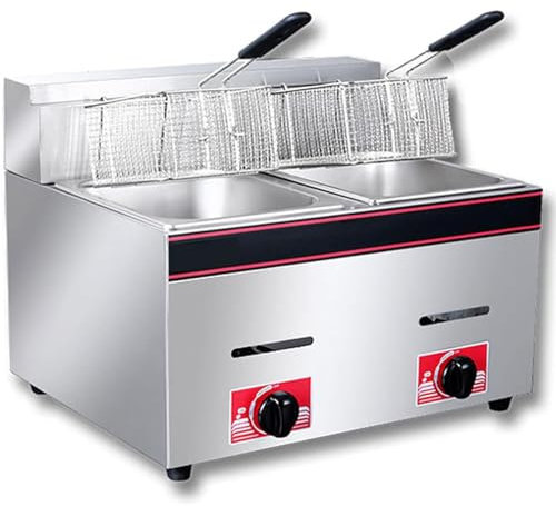SHANRROW Freidora a Gas de Doble Cilindro, freidora a Gas Profesional para encimera Comercial, freidora para cocinar Alimentos, con Cuchara para Cesta