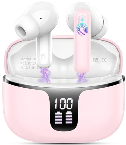 Auriculares Bluetooth 5.3, Auriculares Inalambricos Bluetooth Sonido Inmersivo, 4 Reducción de Ruido ENC Mic Cascos Inalámbricos, 40Horas de Reproducción con Pantalla LED, Control Táctil, Rosa Claro