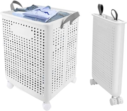 Plastic Laundry Basket on Wheels, 66L Collapsible Laundry Hamper Storage Foldable Rolling Washing Bin for Corner Dirty Clothes Baskets with Handles for Bathroom Bedroom