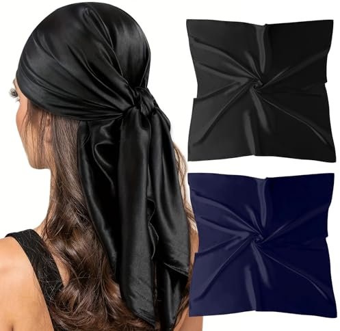 Silk Scarf for Women-Spring Fall 35'' Square Satin Scarf for Hair Black Navy Bandanas Satin Neck Scarfs for Wrapping at Night(2 Pack-Black+Navy)